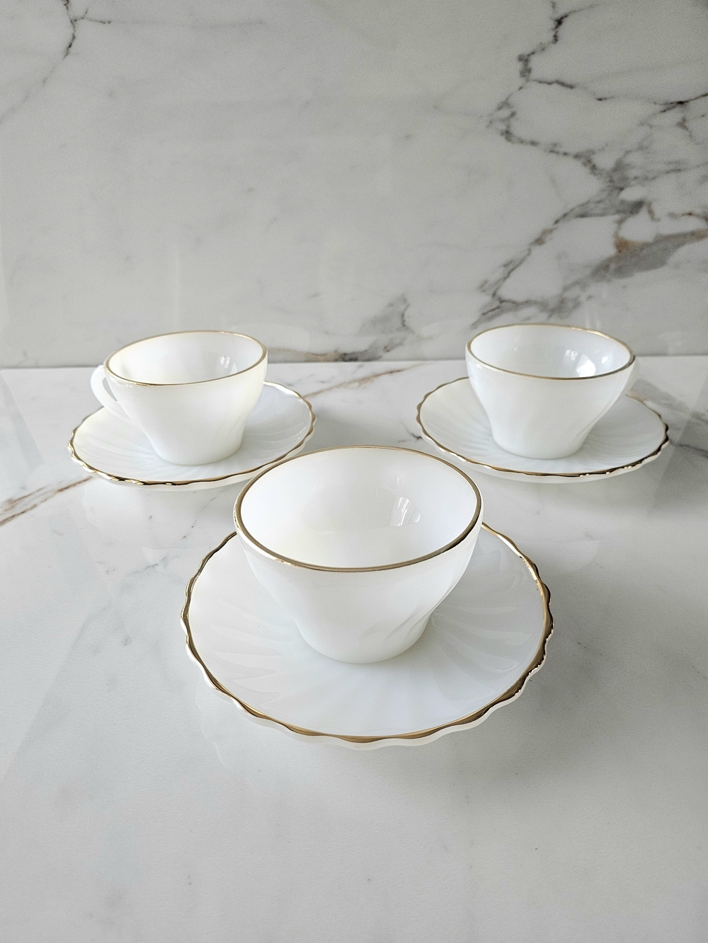 Vintage Anchor Hocking Milk Glass Teacup and Saucer Set of 3 Gold Rim Suburbia